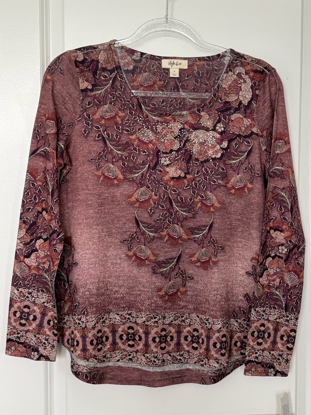 Style & Co Floral Embellished Long Sleeve Top Size S NWT